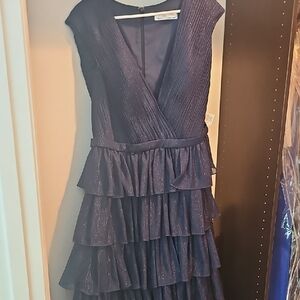 Mac Duggal Shimmering Navy Tiered Midi Dress